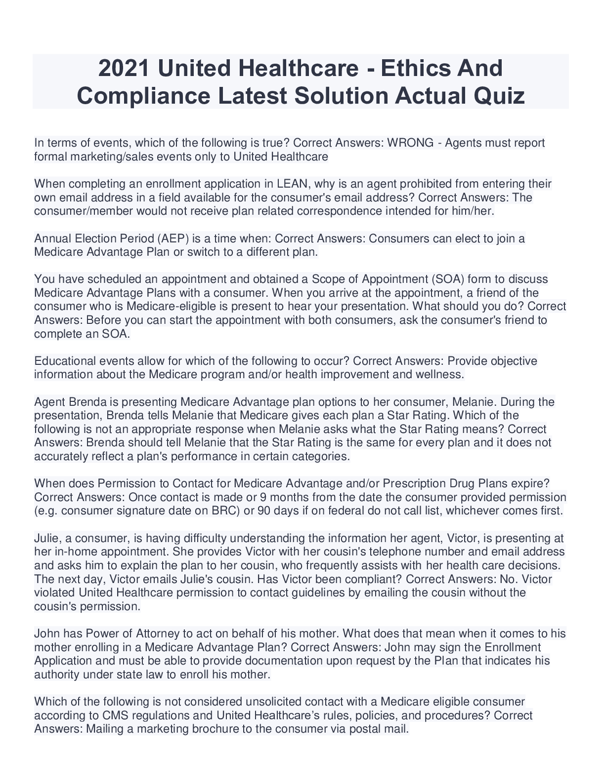 Preview image for 2021 United Healthcare - Ethics And  Compliance Latest Solution Actual Quiz